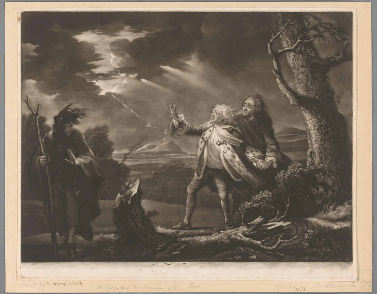David Garrick als koning Lear met de graaf van Kent en Edgar vermomd als Tom in een stormachtig landschap by James McArdell, print, 1761