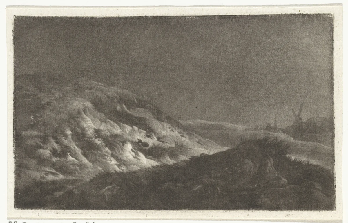 Duinlandschap met in de achtergrond een kerktoren en een molen by Arnout Rentinck, print, 1722-1775