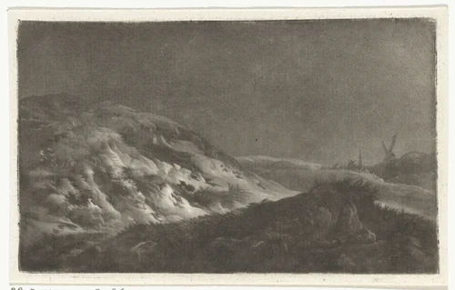 Duinlandschap met in de achtergrond een kerktoren en een molen by Arnout Rentinck, print, 1722-1775