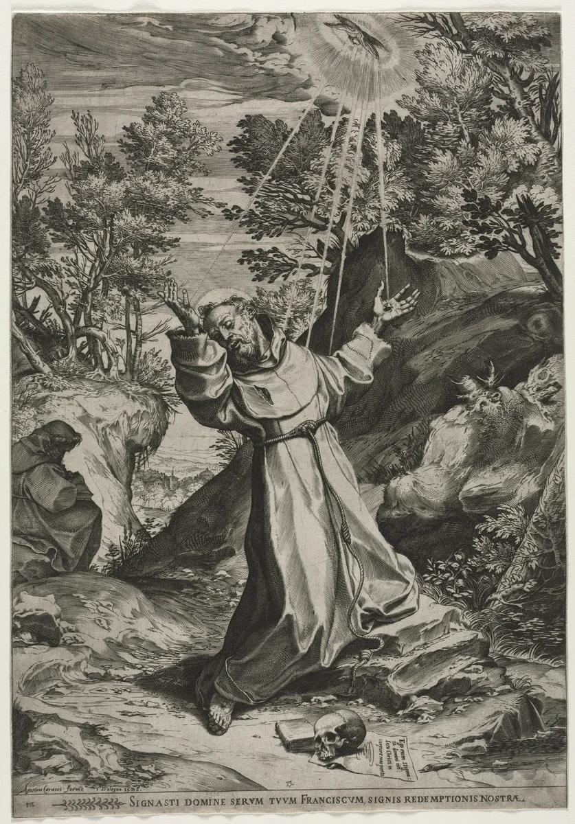 St. Francis Receiving the Stigmata by Agostino Carracci, print, 1586