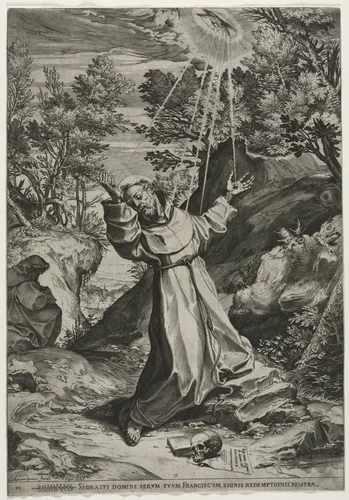 St. Francis Receiving the Stigmata by Agostino Carracci, print, 1586