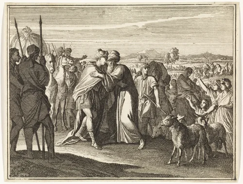 Ontmoeting van Jakob en Jozef by Caspar Luyken, print, 1712