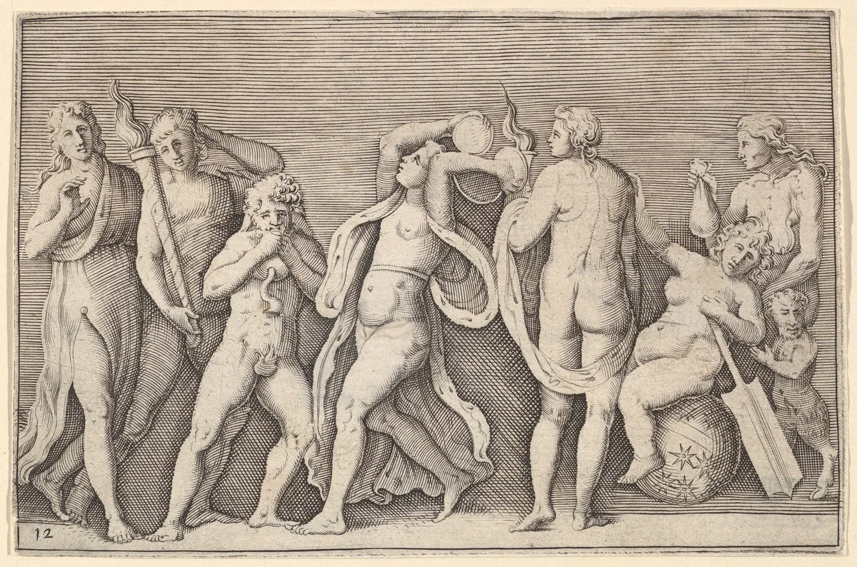 Bacchanale with Eight Figures, from "Ex Antiquis Cameorum et Gemmae Delineata/ Liber Secundus/et ab Enea Vico Parmen Incis" by anonymous, print, 1599-1622