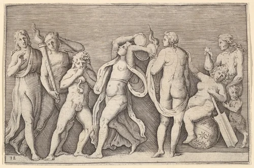 Bacchanale with Eight Figures, from "Ex Antiquis Cameorum et Gemmae Delineata/ Liber Secundus/et ab Enea Vico Parmen Incis" by anonymous, print, 1599-1622