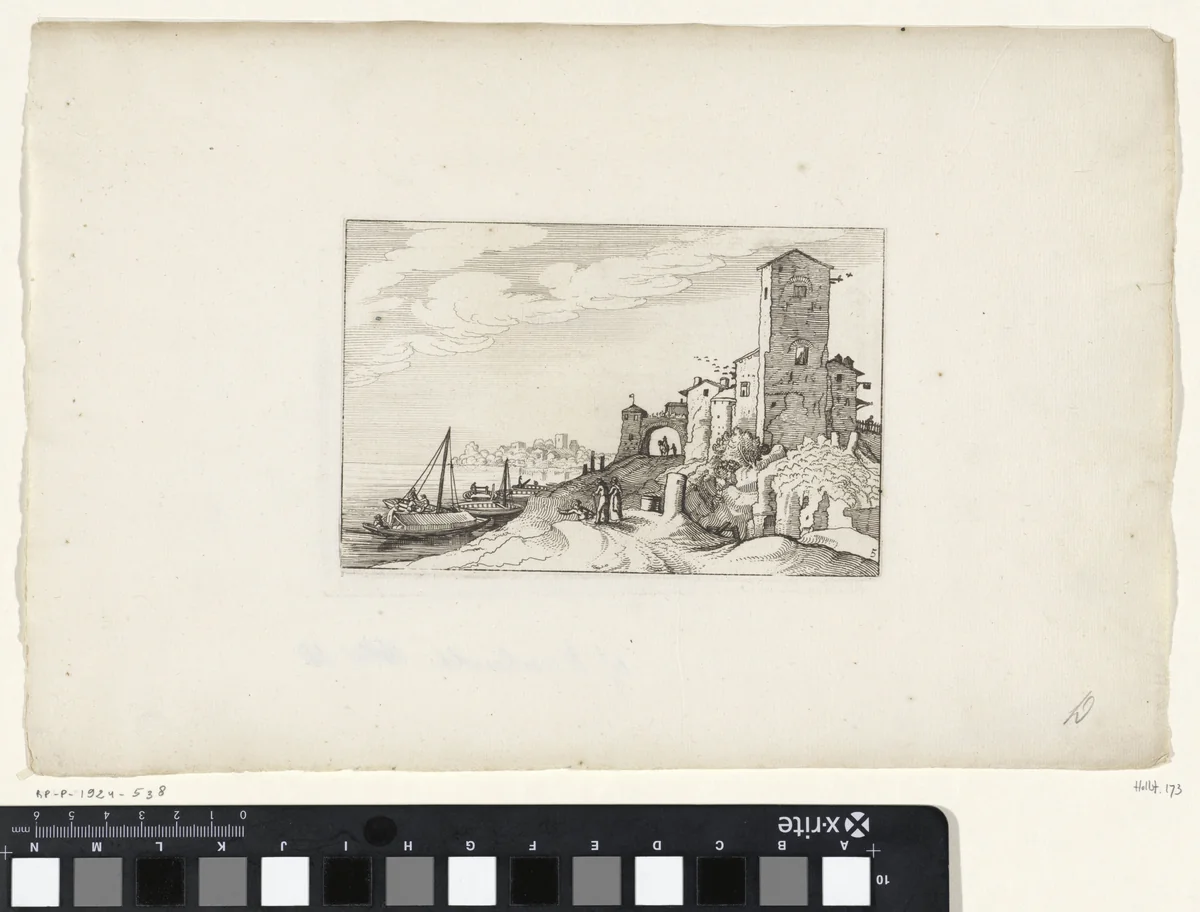 Toren en poort aan de kust by Claes Jansz Visscher, print, 1618