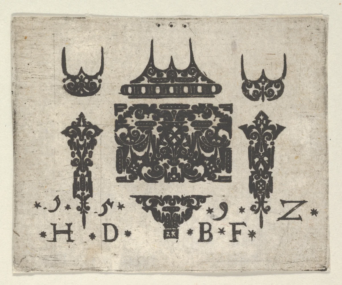 Blackwork Print with a Horizontal Panel and Six Small Motifs by Hans de Bull, print, 1592