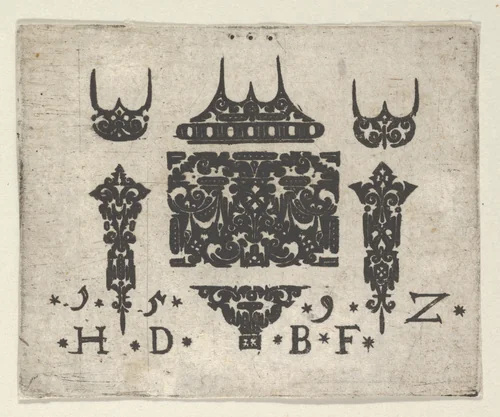 Blackwork Print with a Horizontal Panel and Six Small Motifs by Hans de Bull, print, 1592