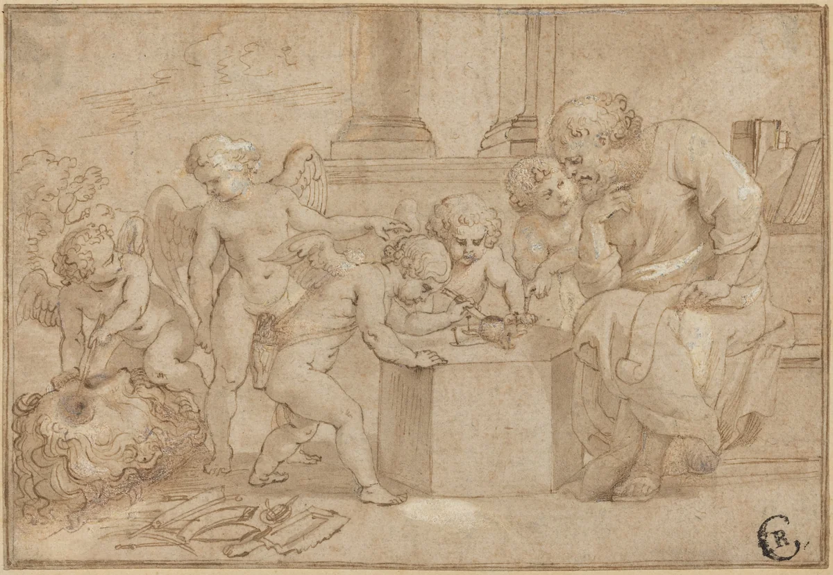 Elderly Man Watching Putti Dissect an Eye by Peter Paul Rubens, drawing, 1613