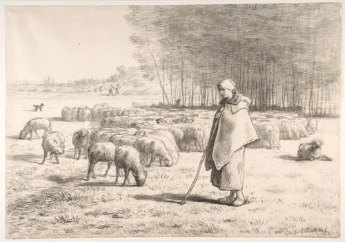 A Shepherdess with Her Flock by Jean-François Millet, drawing, 1847-1857