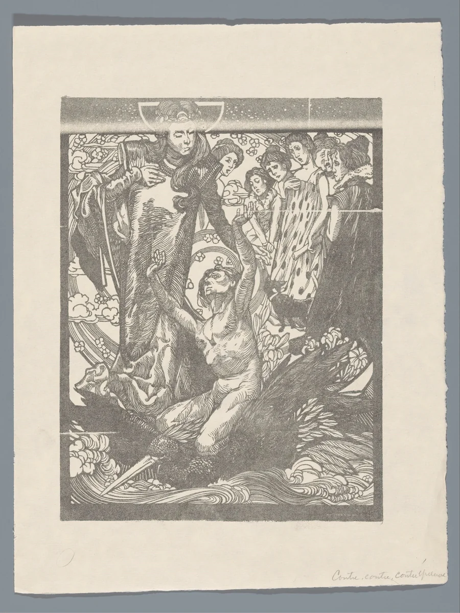 Vrouwenfiguren met man op rug van vogel by Johannes Josephus Aarts, print, 1881-1934