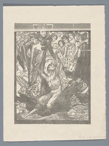 Vrouwenfiguren met man op rug van vogel by Johannes Josephus Aarts, print, 1881-1934