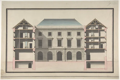 Design for the Collège de France, Paris: Elevation of Court Front with Traverse Sections Through Side Court Wings by Jean François Chalgrin, drawing, 1767-1777