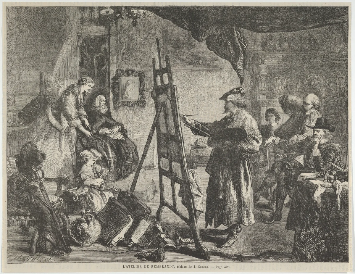 L'Atelier de Rembrandt, tableau de J. Gilbert (Rembrandt's Studio, a painting by J. Gilbert), from "L'Univers Illustré," p. 395 by William Luson Thomas, print, 1861