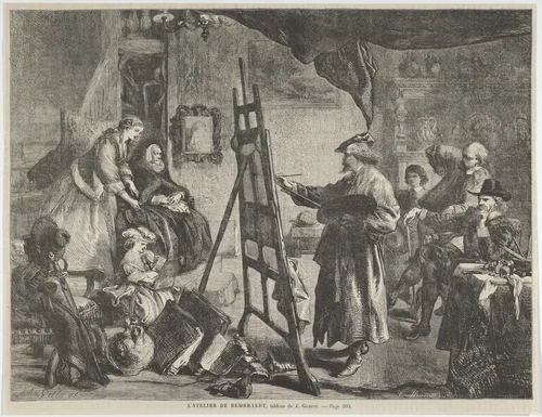 L'Atelier de Rembrandt, tableau de J. Gilbert (Rembrandt's Studio, a painting by J. Gilbert), from "L'Univers Illustré," p. 395 by William Luson Thomas, print, 1861