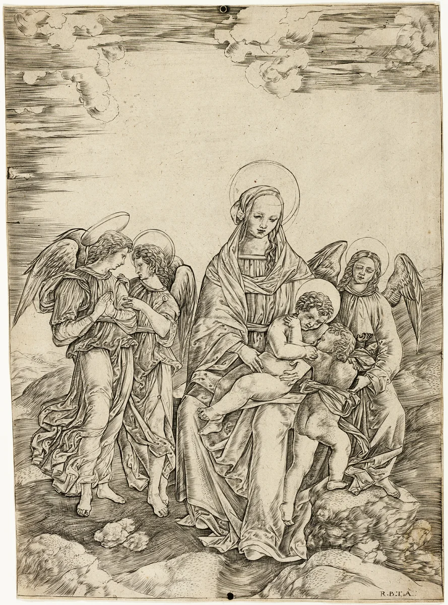 The Virgin and Child with Saint John and Three Angels by Cristofano Robetta, print, 1500-1520