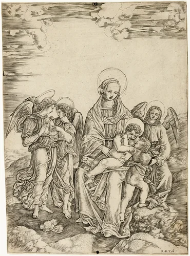The Virgin and Child with Saint John and Three Angels by Cristofano Robetta, print, 1500-1520