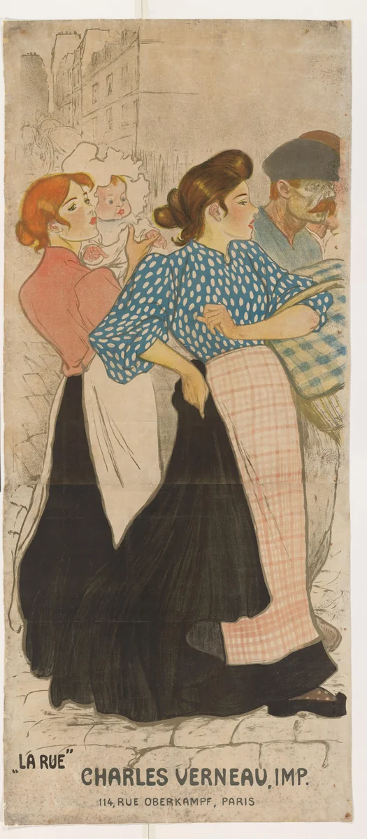 Twee vrouwen en een man op straat by Théophile Alexandre Steinlen, print, 1896