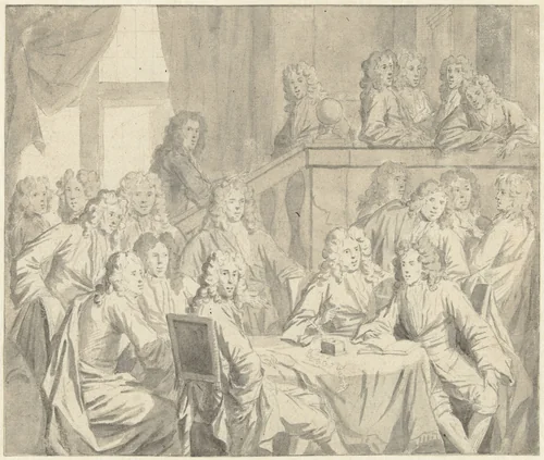 Vergadering van Haagse boogschutters by Philip van Dijk, drawing, 1693-1753
