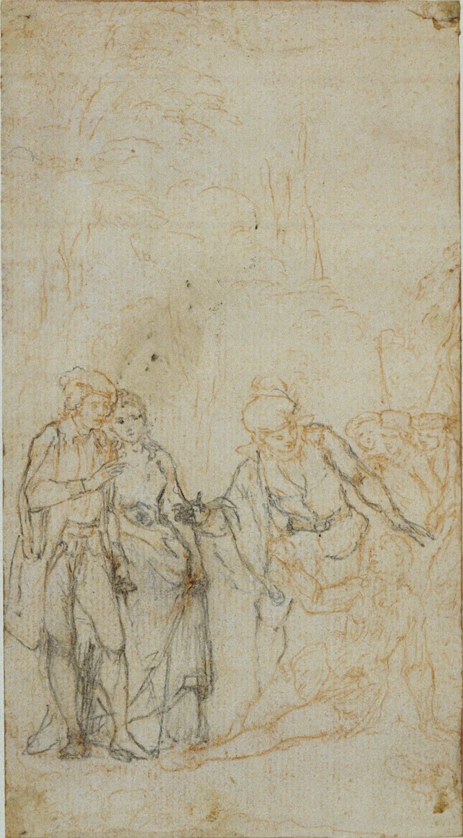 Unidentified Literary Illustration with a Group of Figures Surrounding Reclining Figure in Landscape by Hubert François Gravelot, drawing, 1719-1773