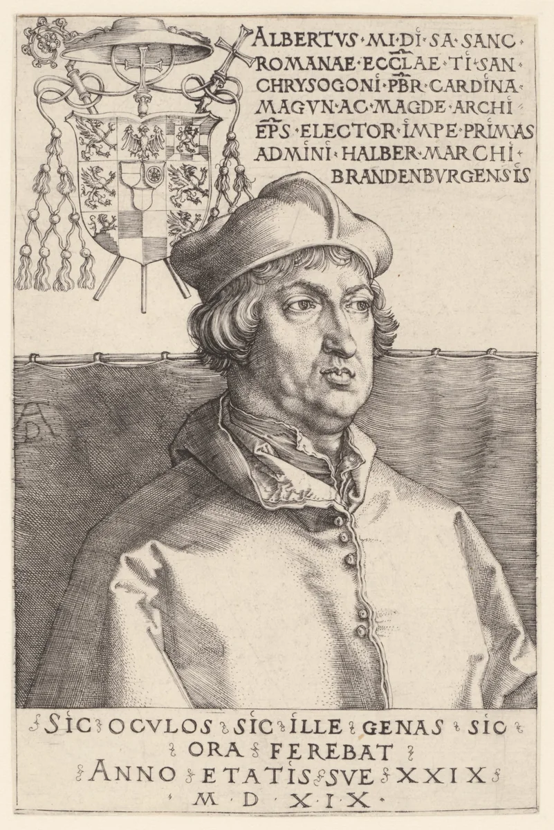 Portret van kardinaal Albert van Brandenburg op 29-jarige leeftijd by Unknown, print, 1519