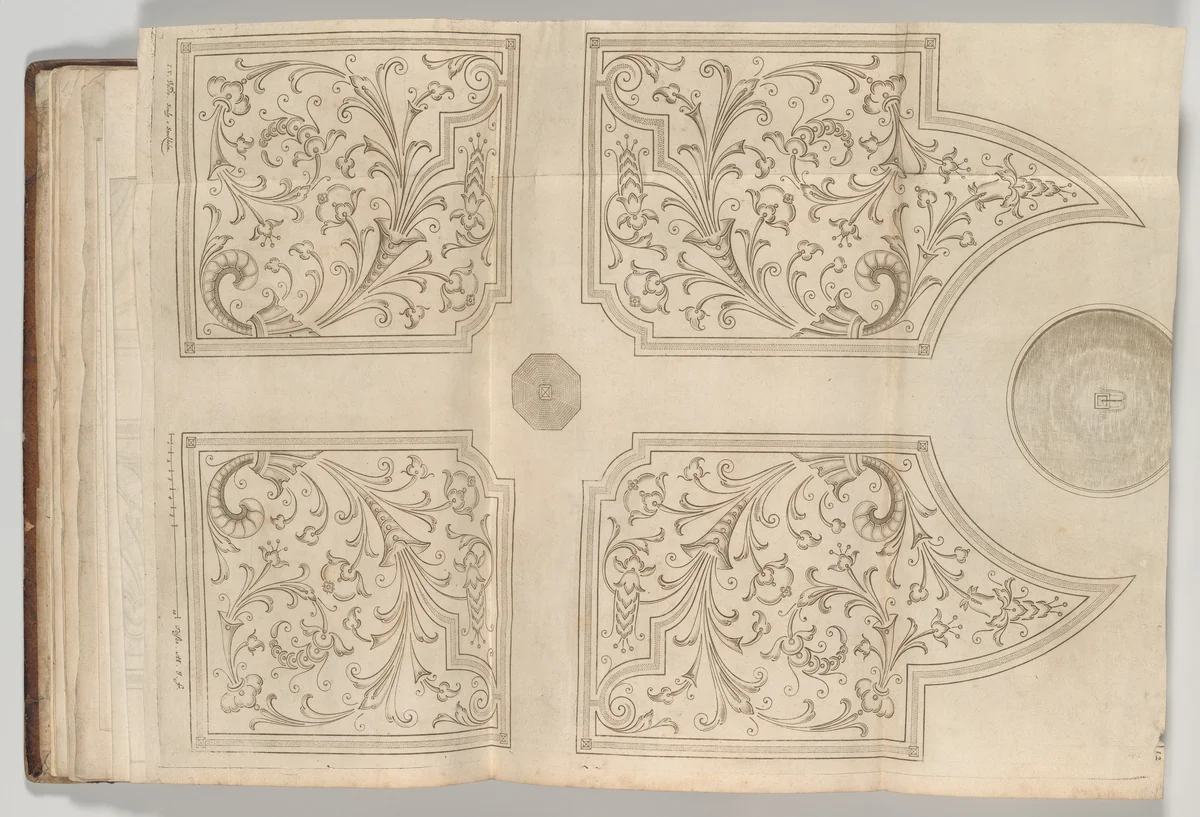 Design for a fountain and four square parterres for a pleasure garden by André Mollet, book, 1651