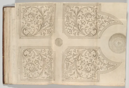 Design for a fountain and four square parterres for a pleasure garden by André Mollet, book, 1651