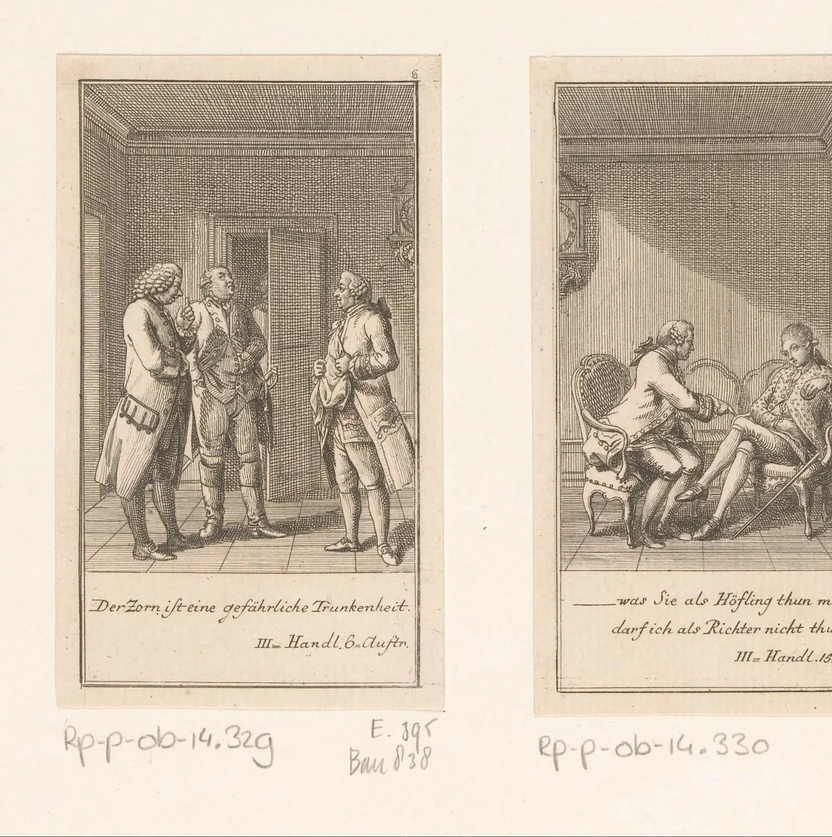 Drie gasten van Reinhard in gesprek by Daniel Nikolaus Chodowiecki, print, 1781