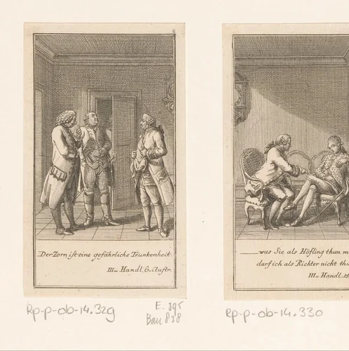 Drie gasten van Reinhard in gesprek by Daniel Nikolaus Chodowiecki, print, 1781