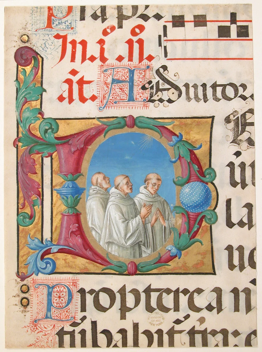 Manuscript Illumination with Singing Monks in an Initial D, from a Psalter by Girolamo dai Libri, manuscript, 1501-1502