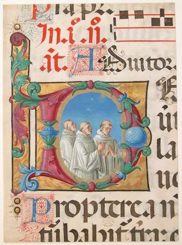 Manuscript Illumination with Singing Monks in an Initial D, from a Psalter by Girolamo dai Libri, manuscript, 1501-1502