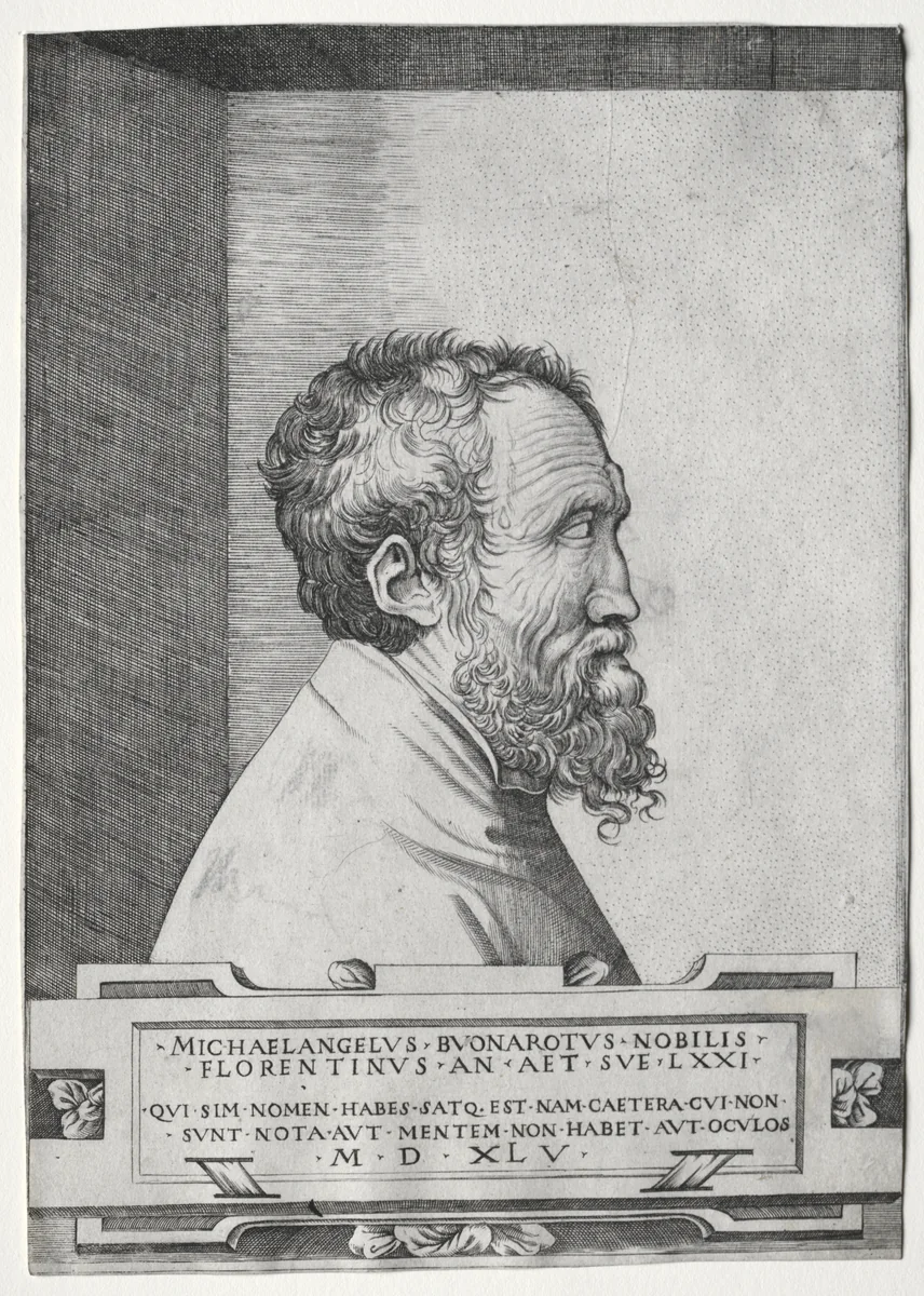 Portrait of Michelangelo in profile facing right by Giulio Bonasone, print, 1500-1599