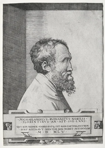 Portrait of Michelangelo in profile facing right by Giulio Bonasone, print, 1500-1599