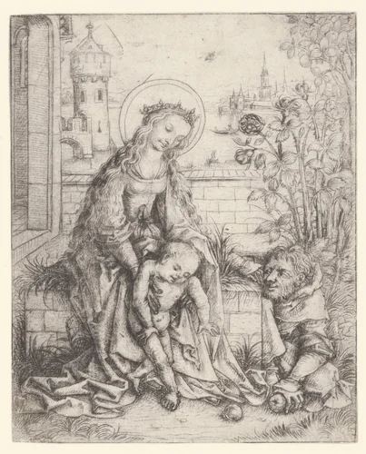 De Heilige Familie bij de rozenstruik by Meester van het Amsterdamse Kabinet, print, 1488-1490
