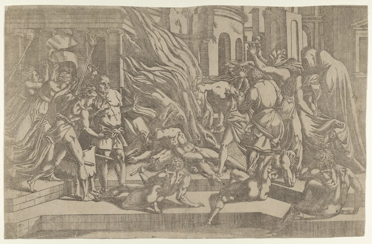 Burning of a corpse by Antonio Fantuzzi, print, 1540-1545