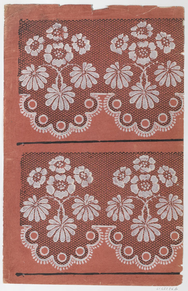 Red sheet with two borders with a white floral pattern atop a black lace pattern by anonymous, print, 1775-1875