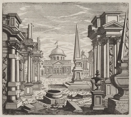 Architectural Fantasy with Obelisks, Ruins, and a Piazza by Giuseppe Antonio Landi, print, 1719-1753