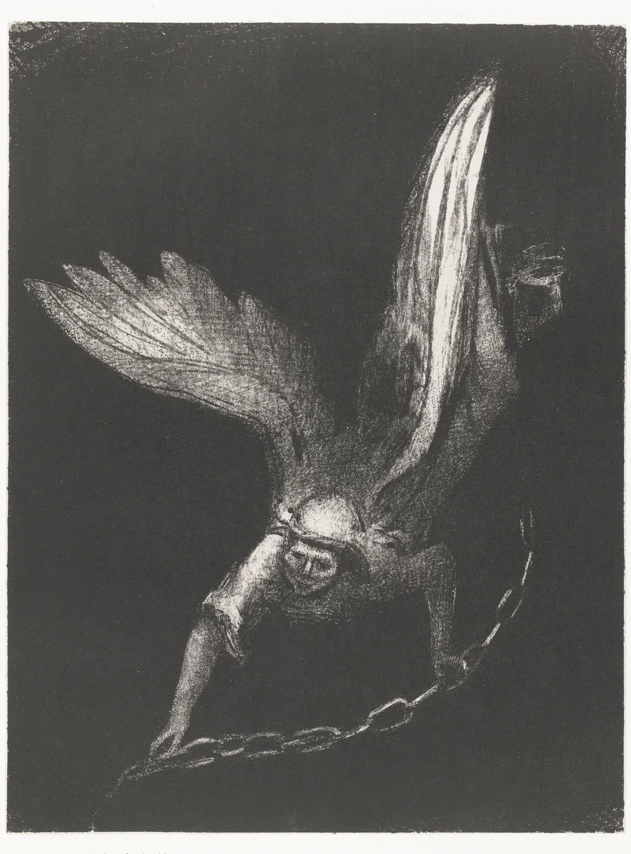 Engel met een ketting in zijn handen by Odilon Redon, print, 1899