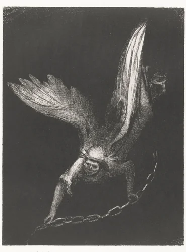 Engel met een ketting in zijn handen by Odilon Redon, print, 1899