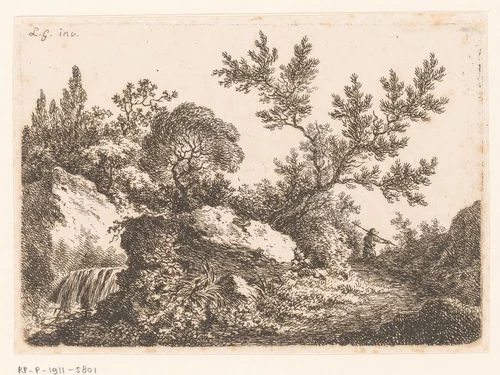 Landschap met een cascade en een man met een stok by Sauveur Legros, print, 1764-1834