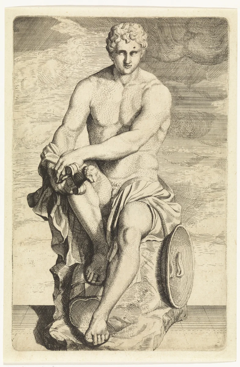 Standbeeld van een zittende krijgsman by Hendrik Pola, print, 1705-1713