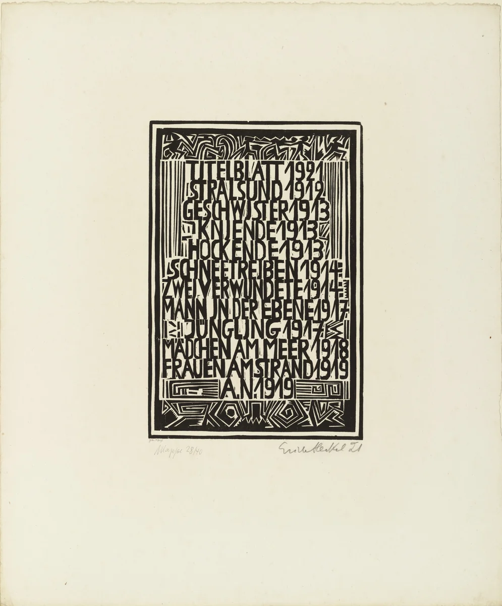 Table of contents from the portfolio (Inhaltsverzeichnis aus der Mappe) Eleven Woodcuts, 1912-1919 (Elf Holzschnitte, 1912-1919) by Erich Heckel, print, 1921
