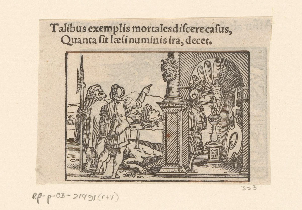Filistijnen plaatsen de wapens en het hoofd van Saul in de tempel van Ashtoret by anonymous, print, 1530-1533