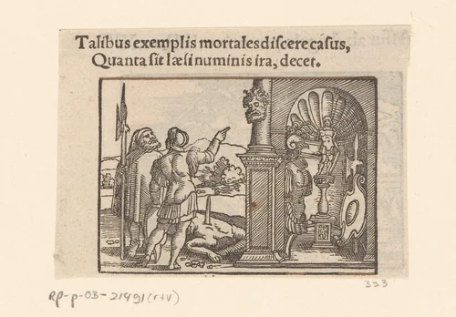 Filistijnen plaatsen de wapens en het hoofd van Saul in de tempel van Ashtoret by anonymous, print, 1530-1533