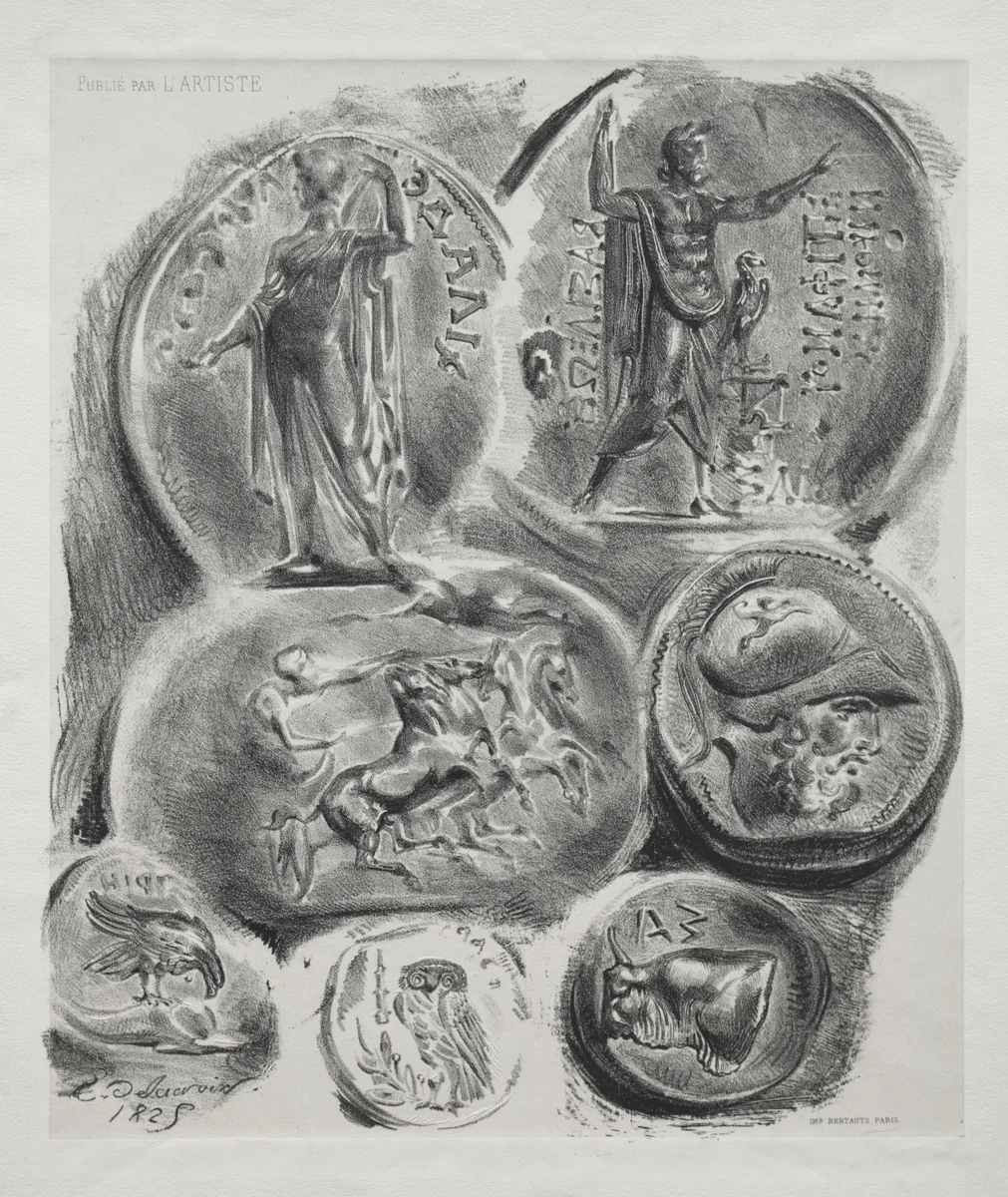 Sheet with Seven Antique Medals by Eugène Delacroix, print, 1825