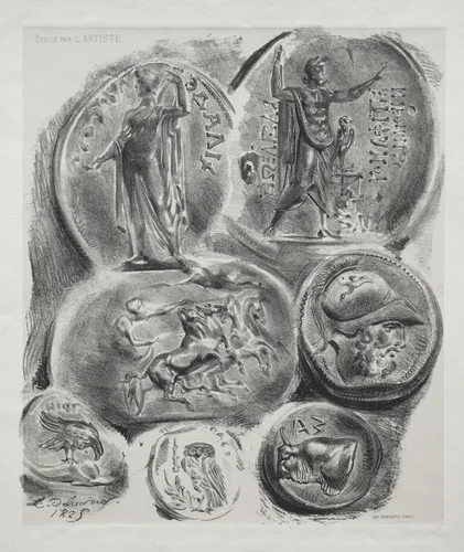 Sheet with Seven Antique Medals by Eugène Delacroix, print, 1825