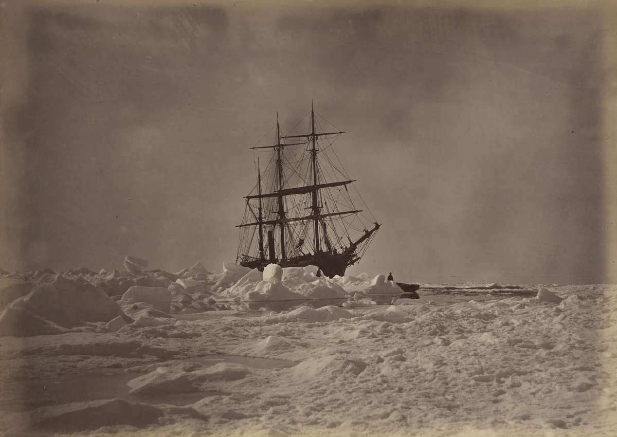 "The farthest point reached (August 17th). Here the Steamer is surrounded by the heaviest of rafted and hummock ice. After being liberated we shaped our course back." by George P. Critcherson, John L. Dunmore, William Bradford, photograph, 1869