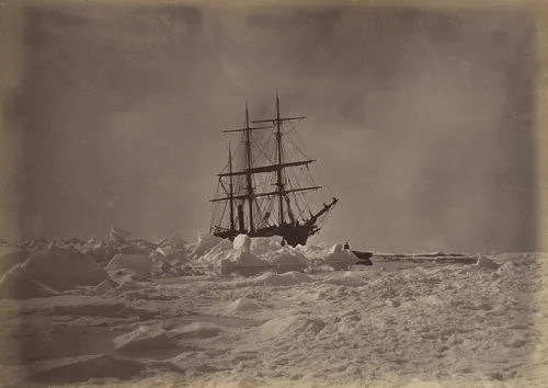 "The farthest point reached (August 17th). Here the Steamer is surrounded by the heaviest of rafted and hummock ice. After being liberated we shaped our course back." by George P. Critcherson, John L. Dunmore, William Bradford, photograph, 1869