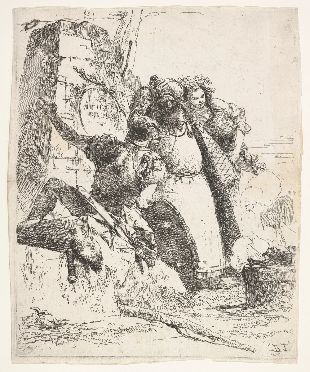 A scene of necromancy: a woman bearing a vessel, a turbaned man, and a soldier look toward a pedestal upon which a skull and limb bone are burning, a bearded male figure's face is visible behind the group, from "Turns of fantasy" (Scherzi di fantasia) by Giovanni Battista Tiepolo, print, 1743-1757
