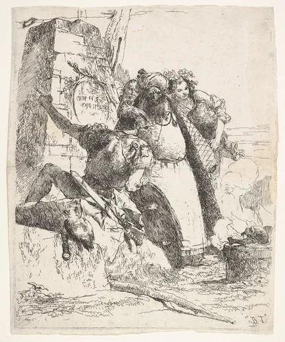A scene of necromancy: a woman bearing a vessel, a turbaned man, and a soldier look toward a pedestal upon which a skull and limb bone are burning, a bearded male figure's face is visible behind the group, from "Turns of fantasy" (Scherzi di fantasia) by Giovanni Battista Tiepolo, print, 1743-1757