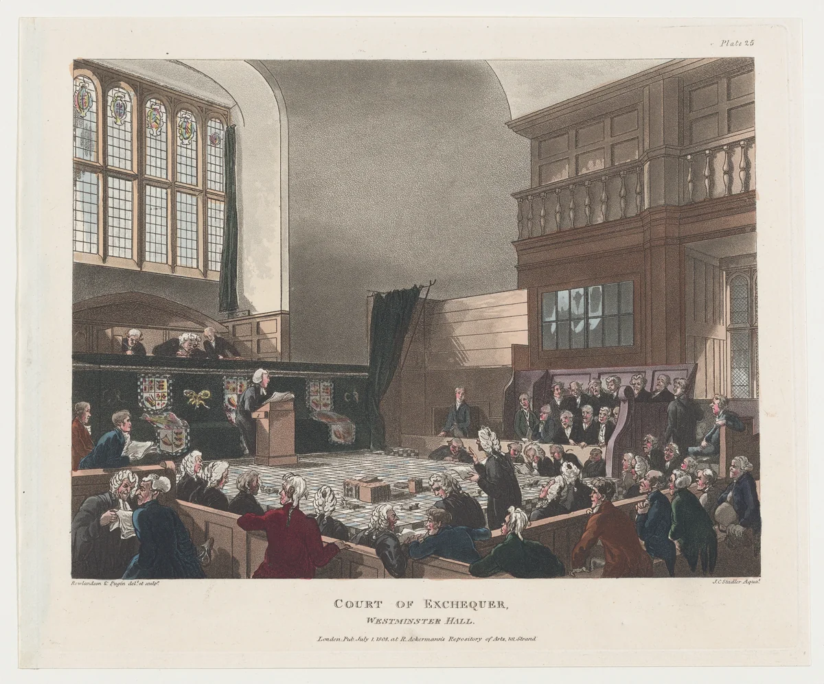 Court of Exchequer, Westminster Hall by Thomas Rowlandson, print, 1808